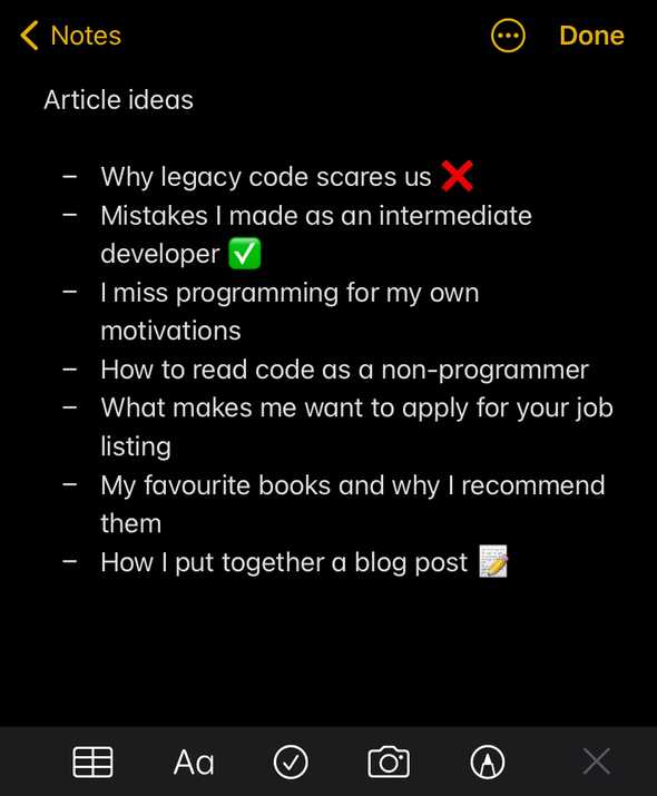 A screenshot of the Notes app in iOS showing a list of my article ideas